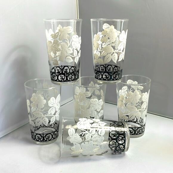6 Vintage Federal Glass Juice Tumbler Glasses White Dogwood Flowers & Black Trim - Picture 1 of 6